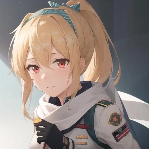 (masterpiece, best quality:1.2),illustration,absurdres,8k,hd,1girl,solo,upper body,(portrait:1.2),sv-98 (girls frontline),long hair,looking at viewer,fringe,white scarf,thigh strap,blonde hair,hair between eyes,brown footwear,red eyes,ponytail,short shorts,thighhighs,white jacket,asymmetrical legwear,black gloves,boots,uniform,hairband,<lora:Sv-98(gf)>,