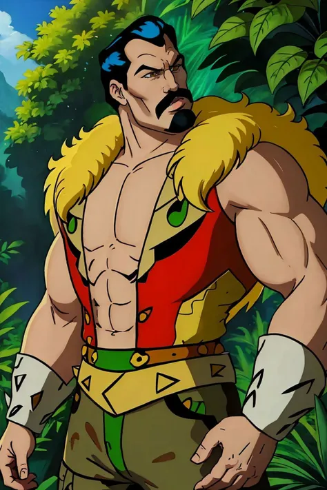 masterpiece, best quality, kraven, hunter outfit, jungle background <lora:Kraven_v1:1>