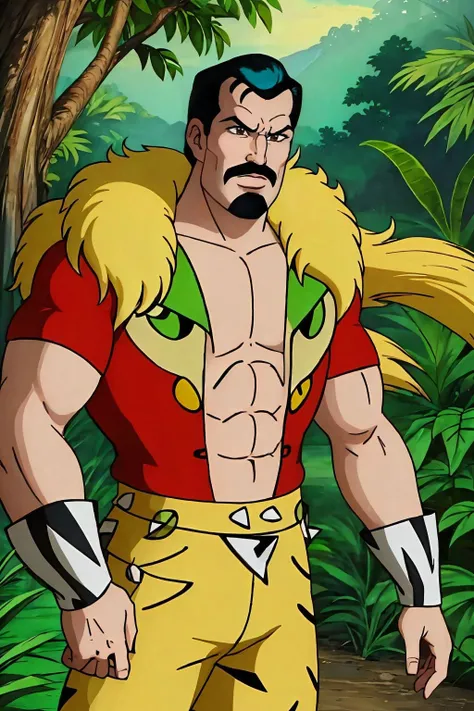 masterpiece, best quality, kraven, hunter outfit, jungle background <lora:Kraven_v1:1>