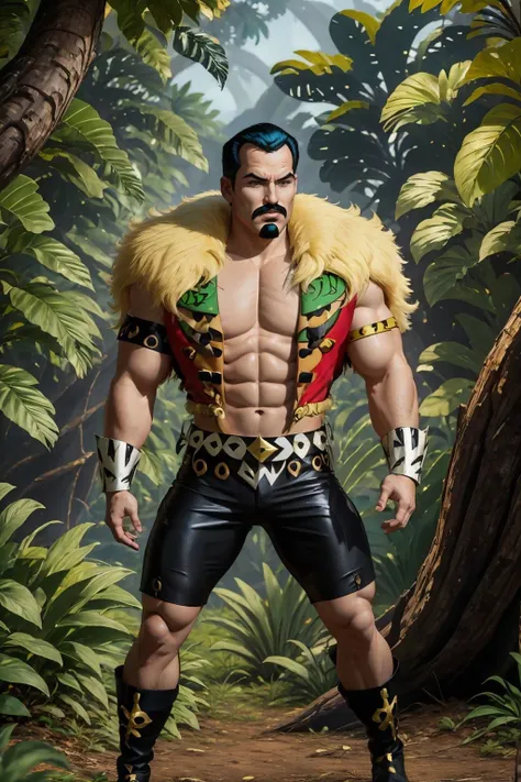 masterpiece, best quality, kraven, hunter outfit, jungle background <lora:Kraven_v1:1>
