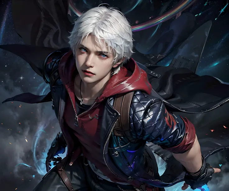 nero \(devil may cry\),nero \(dmc4\), 1boy, solo,early teen, short hair,white hair,blue eyes, coat, hood, pants, gloves, determined