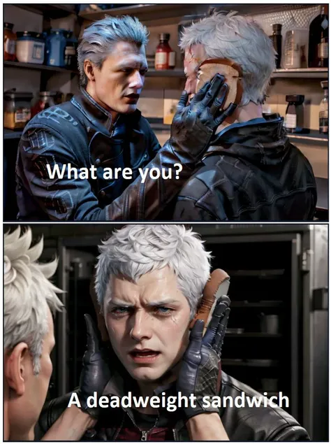 <lora:dmc_nero-10:0.5> , nero \(dmc5\), coat, gloves, <lora:IdiotSandwichP2:0.9> IdiotSandwichP2, 1boy, kitchen, sad, crying <lora:IdiotSandwichP1:1> IdiotSandwichP1, 2girls/2boys, kitchen,