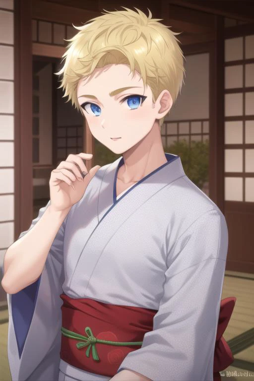 masterpiece, best quality, high quality, 1boy, solo, male focus, looking at viewer, upper body, <lora:elvin_von_arnim:0.72>, elvin_von_arnim, blonde hair, blue eyes, , yukata
