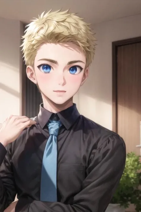 masterpiece, best quality, high quality, 1boy, solo, male focus, looking at viewer, upper body, <lora:elvin_von_arnim:0.84>, elvin_von_arnim, blonde hair, blue eyes, , formal, necktie, dress shirt