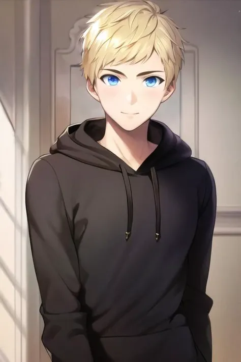 masterpiece, best quality, high quality, 1boy, solo, male focus, looking at viewer, upper body, <lora:elvin_von_arnim:0.76>, elvin_von_arnim, blonde hair, blue eyes, realistic, hoodie