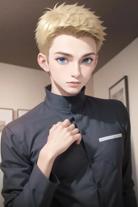 masterpiece, best quality, high quality, 1boy, solo, male focus, looking at viewer, upper body, <lora:elvin_von_arnim:0.82>, elvin_von_arnim, blonde hair, blue eyes, , pajamas