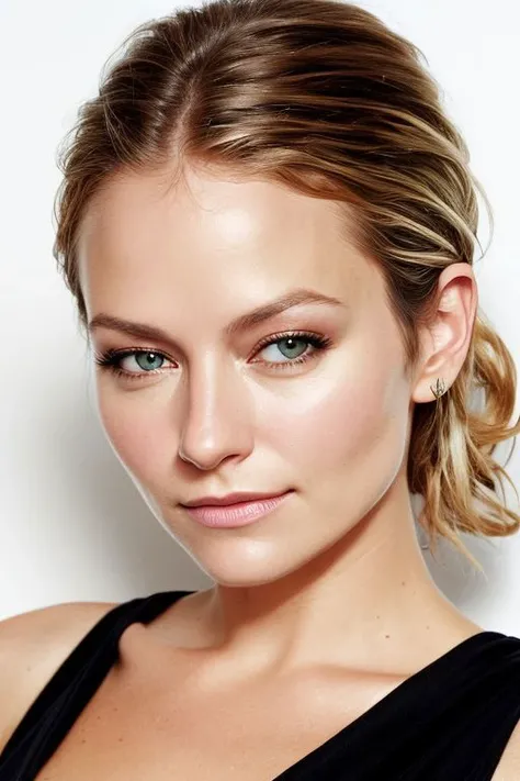 (CR-B3ckiNewton-summer4love263:0.9), full color photo of woman, grey background, (slick hair:1), (oiled shiny skin:1.0), (tilted angle shot:1.0)