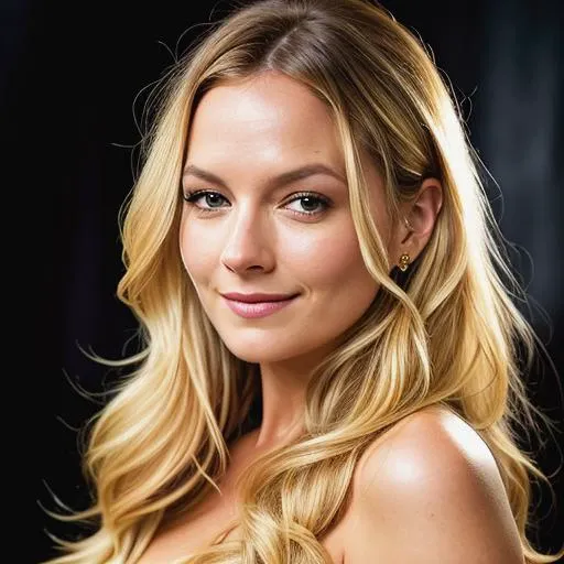 beckinewton, Portrait photo of a woman, smile, with long blonde hair style, Detailed face, (perfect blue eyes), (highly detailed skin:1.1), perfect body, knit turtle neck, Modelshoot style, Professional Photography, soft lighting, PHOTOREALISTIC, Realistic, standing in a dark studio background, blurred background, volumetric fog, RAW, analog style, sharp focus, 8k, HD, DSLR, high quality, Fujifilm XT3, film grain, award winning, masterpiece
