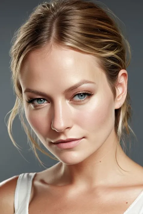 (CR-B3ckiNewton-summer4love263:0.9), full color photo of woman, grey background, (slick hair:1), (oiled shiny skin:1.0), (tilted angle shot:1.0)