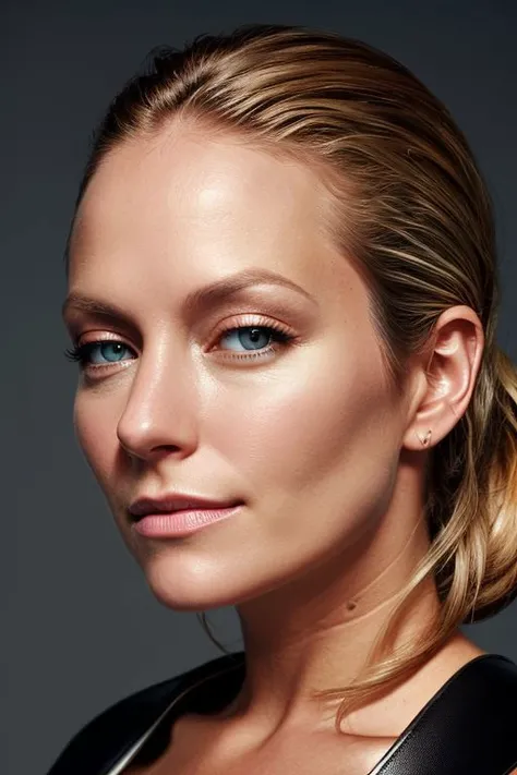 (CR-B3ckiNewton-summer4love263:0.9), full color photo of woman, grey background, (slick hair:1), (oiled shiny skin:1.0), (tilted angle shot:1.2)