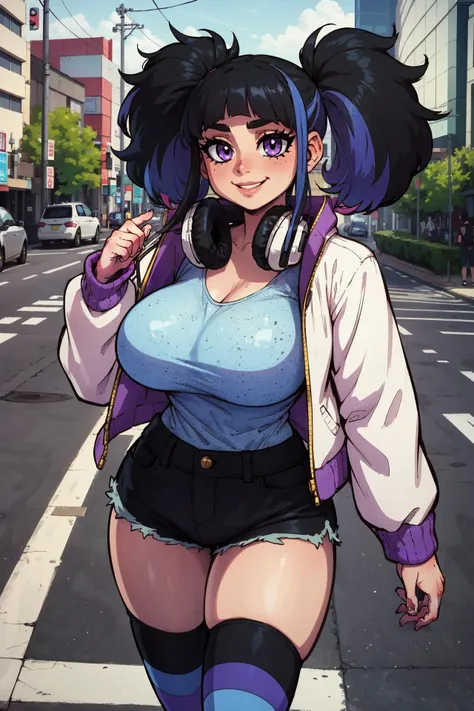 (masterpiece:1.4), (best quality), (detailed), (8k), absurdres, (1girl, solo, looking at viewer, cowboy shot), (sidewalk:1.4, tokyo \(city\)), <lora:Rizdraws [MockAi - v2.0]:0.65>, rizdraws, thick lineart, film grain, semi-traditional artstyle,  <lora:ouhara_satsuki_v3-06:0.5>, ouhara satsuki, multicolored hair, black hair, blue hair, sidelocks,  blunt bangs, twintails, purple eyes, large breasts, smile, blue shirt, polka dot, white jacket, headphones around neck, denim shorts, black shorts, thighhighs, striped thighhighs,