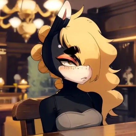 Highest quality, Highest resolution, Perfect details, Best anime style, perfect lighting, tang, hair over one eye, makeup, eyeshadow, furry female, body fur, detailed eyes, yellow eyes, blond hair, freckles, long hair, colored skin, blushing, clothed, furry, animal nose,