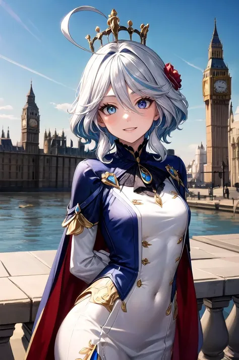 (masterpiece, best quality, detailed), 1girl, solo, looking at viewer, furina, ahoge, long hair, blue eyes, hair between eyes, white hair, streaked hair, blue hair, heterochromia,
king, cape, fur-trimmed cape, armor, gold, crown, gem, jewelry, white gloves, town, building, flower, victorian, rose, outdoors, london, fountain, arms behind back, smile, parted lips