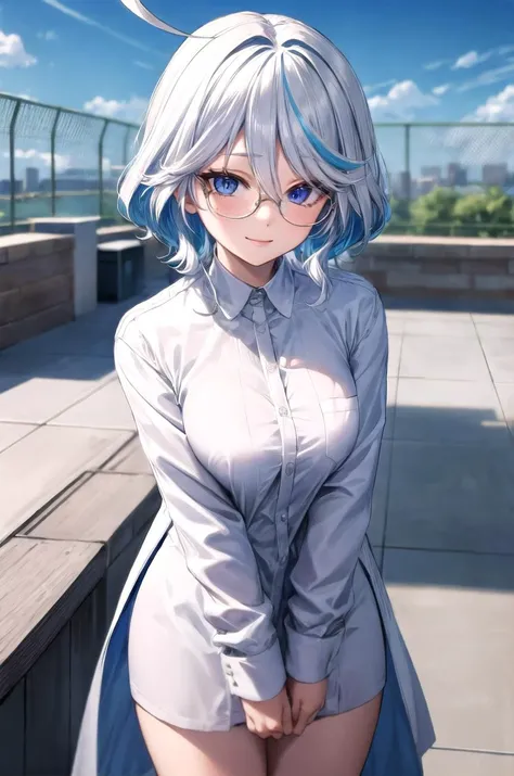 (masterpiece, best quality, detailed), 1girl, solo, looking at viewer, furina, ahoge, long hair, blue eyes, hair between eyes, white hair, streaked hair, blue hair, heterochromia,
scientist, labcoat, glasses, collared shirt, pencil skirt, <lora:school_rooftop_v0.1:1>, school rooftop, chain-link fence, fence, <lora:breasts_squeezed_together_v0.2:1> (breasts squeezed together, v arms), smile, closed mouth, smug