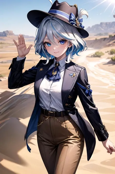 (masterpiece, best quality, detailed), 1girl, solo, looking at viewer, furina, ahoge, long hair, blue eyes, hair between eyes, white hair, streaked hair, blue hair, heterochromia,
fedora, brown headwear, brown pants, black belt, cowboy hat, brown jacket, leather jacket, indiana jones, white shirt, satchel, desert, sand, dust, sun, waving, hand up, arm up, walking, smile, closed mouth