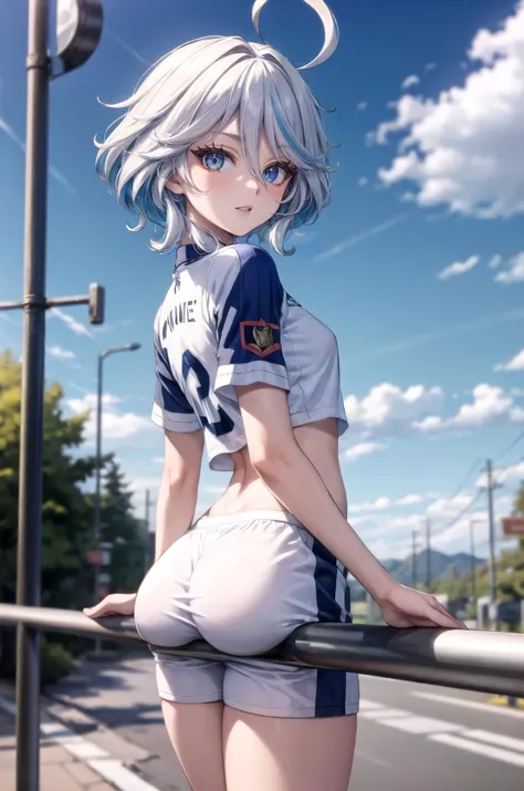 (masterpiece, best quality, detailed), 1girl, solo, looking at viewer, furina, ahoge, long hair, blue eyes, hair between eyes, white hair, streaked hair, blue hair, heterochromia,
<lora:Soccer Uniform By Stable Yogi:0.5>, soccer uniform, road, utility pole, guard rail, road sign, power lines, hill, railing, scenery, outdoors, mountainous horizon, landscape, <lora:ass_support_object_v0.2:1.5>, ass support, railing, parted lips