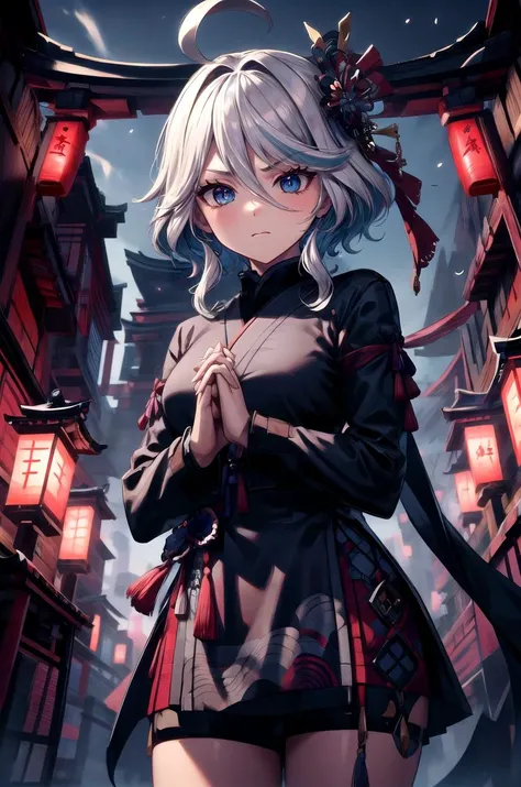 (masterpiece, best quality, detailed), 1girl, solo, looking at viewer, furina, ahoge, long hair, blue eyes, hair between eyes, white hair, streaked hair, blue hair, heterochromia,
<lora:ShinobiTech-20:1>, shinobitech, shinobi, bulky metal, cyberpunk, outdoors, night, torii, shrine, east asian architecture, fisheye, praying, own hands together, own hands clasped, closed mouth, serious