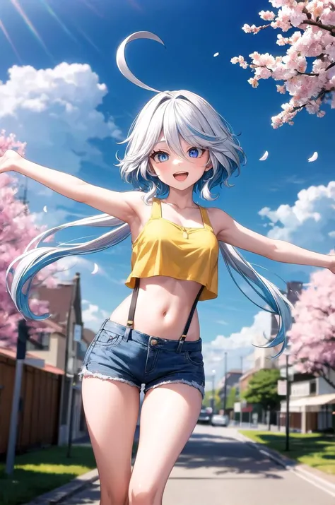 (masterpiece, best quality, detailed), 1girl, solo, looking at viewer, furina, ahoge, long hair, blue eyes, hair between eyes, white hair, streaked hair, blue hair, heterochromia,
suspenders, midriff, short shorts, yellow shirt, sleeveless, crop top, short shorts, denim shorts, cherry blossoms, petals, outdoors, tree, sky, wind, spread arms, outstretched arms, smile, open mouth