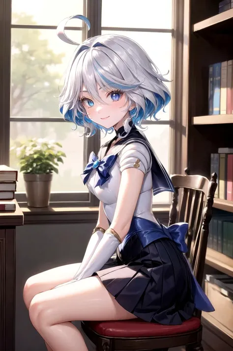 (masterpiece, best quality, detailed), 1girl, solo, looking at viewer, furina, ahoge, long hair, blue eyes, hair between eyes, white hair, streaked hair, blue hair, heterochromia,
<lora:Sailor Moon Outfit-000012:0.9>, sailor moon outfit, indoors, library, bookshelf, book, book stack, sitting, from side, smile, closed mouth