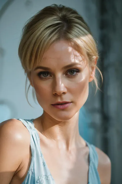 photoshoot of jbn, (blonde hair), (pixie cut), detailed skin texture, (blush:0.2), (goosebumps:0.3), (light blue dress), subsurface scattering, Photorealistic, Hyperrealistic, Hyperdetailed, analog style, hip cocked, demure, detailed skin, matte skin, soft lighting, subsurface scattering, realistic, heavy shadow, masterpiece, best quality, ultra realistic, 8k, golden ratio, Intricate, High Detail, film photography, soft focus <lora:JulieBowen-RealVision-V1.0:1>