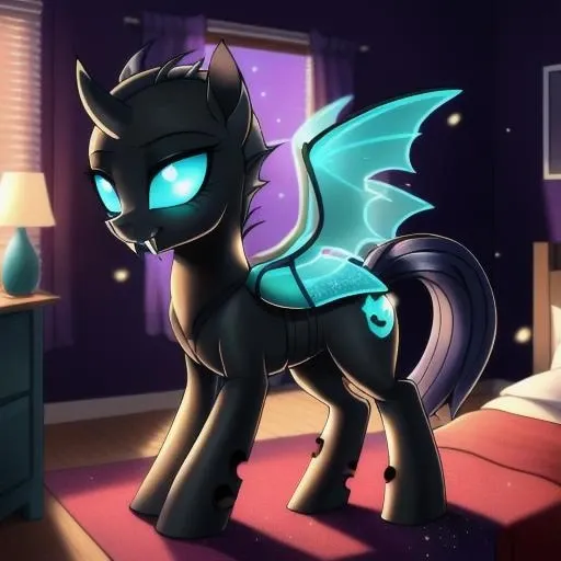 feral changeling, portrait, ((bedroom,)), (masterpiece), (raytracing), (cinematic lighting), triadic lighting, High Definition, light particles, (shading), glowing cyan eyes, cyan wings, blue backplate, ((pony body)), (((perfect anatomy))), {my little pony}, ((((cute)))), (((female))), ((fangs)) <lora:test ling_v4_a:0.55> ((yuri style))