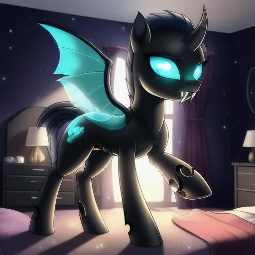 feral changeling, portrait, ((bedroom,)), (masterpiece), (raytracing), (cinematic lighting), triadic lighting, High Definition, light particles, (shading), glowing cyan eyes, cyan wings, blue backplate, ((pony body)), (((perfect anatomy))), {my little pony}, ((((cute)))), (((female))), ((fangs)) <lora:test ling_v4_a:0.53> ((yuri style)) <hypernet:change:0.3>, 3d
