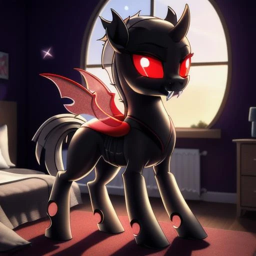 feral changeling, portrait, ((bedroom,)), (masterpiece), (raytracing), (cinematic lighting), triadic lighting, High Definition, light particles, (shading), glowing red eyes, red wings, red backplate, ((pony body)), (((perfect anatomy))), {my little pony}, ((((cute)))), (((female))), ((fangs)), ((yuri style:1)) <hypernet:change:0.3>, 3d <lora:ling_v4_btest:0.53>, ((fangs:1))