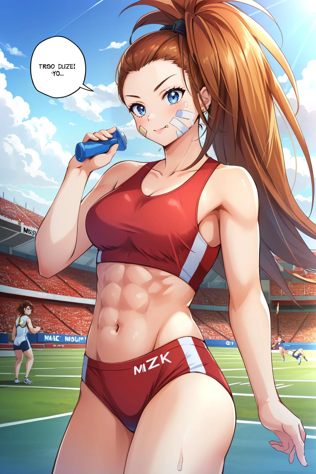 (masterpiece, best quality), intricate details,
1girl, speech bubble, smug,
<lora:captain_mizuki-10:0.8> captain_mizuki, sports bra, abs, bandaid on face, bandaid, sportswear, outdoors, sports, track and field,