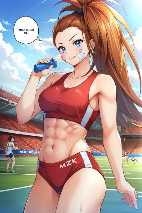 (masterpiece, best quality), intricate details,
1girl, speech bubble, smug,
<lora:captain_mizuki-10:0.8> captain_mizuki, sports bra, abs, bandaid on face, bandaid, sportswear, outdoors, sports, track and field,