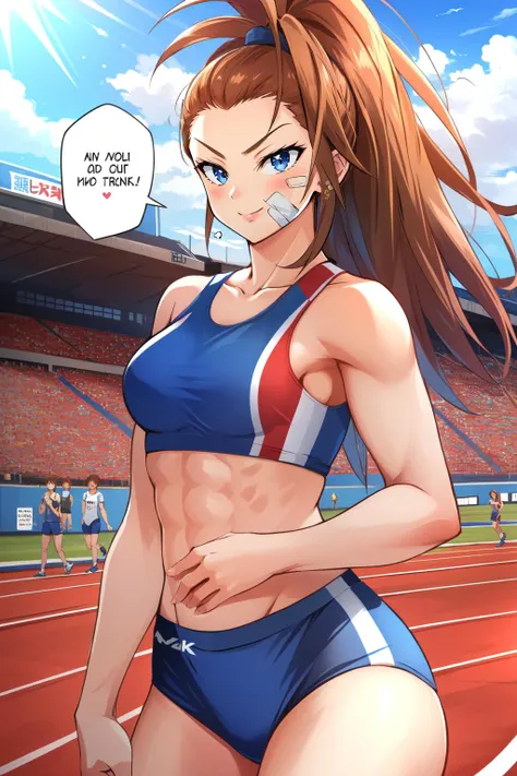 (masterpiece, best quality), intricate details,
1girl, speech bubble, smug,
<lora:captain_mizuki-10:0.8> captain_mizuki, sports bra, abs, bandaid on face, bandaid, sportswear, outdoors, sports, track and field, <lora:gekioko_v250:1>