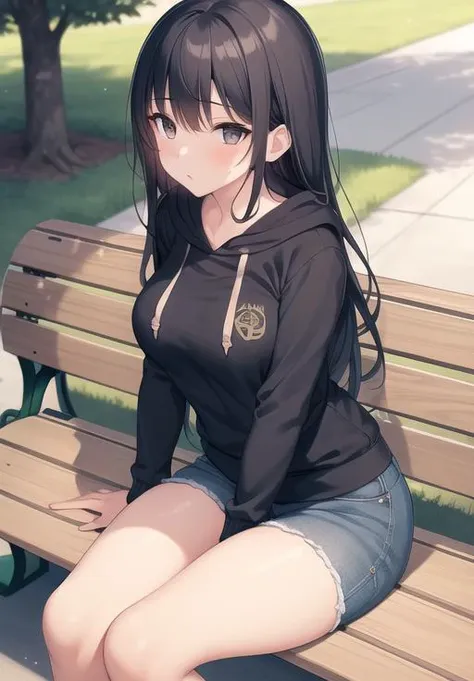 masterpiece,best quality,1girl,medium breasts,park,long hair,sitting,bench,hoodie,jeans