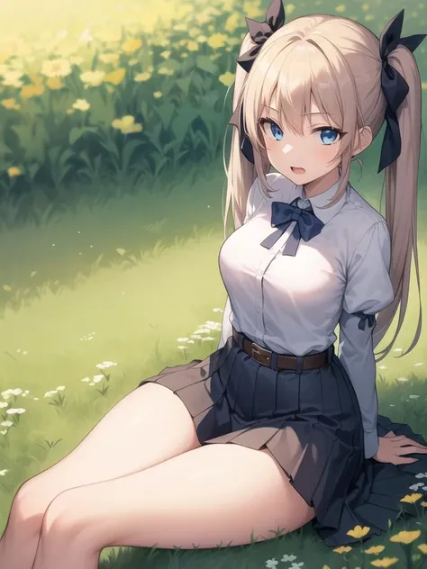 masterpiece,best quality,1girl,simple background,tall,meadow,sitting,blanket,arms behind,medium breasts,thighs,hair ribbon,puffy sleeves,belt buckle,formal shirt,pleated skirt,twintails,long hair,blue eyes,looking at viewer,open mouth