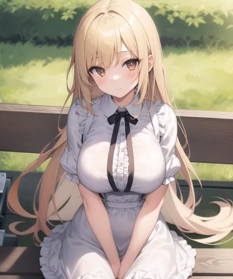 masterpiece,best quality,1girl,park,bench,long blonde hair,suspenders,long white fancy dress,frills,upper body