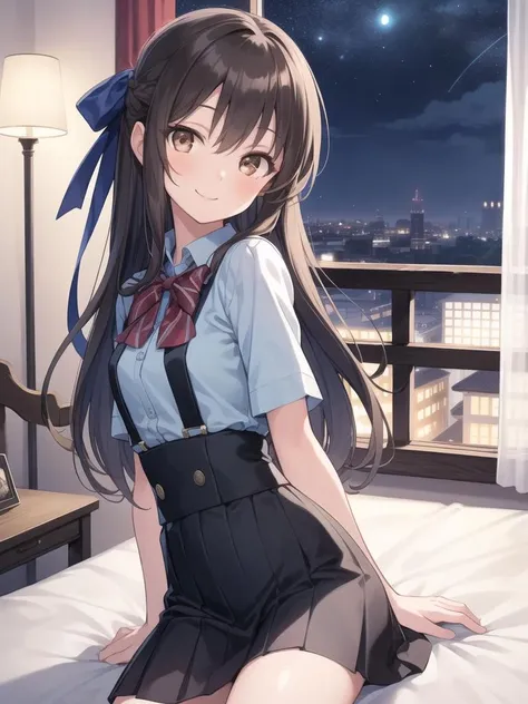 masterpiece,best quality,1girl,bedroom,bed,window,night sky,hair ribbon,blue shirt,suspender skirt,brown long hair,brown eyes,looking at viewer,smile