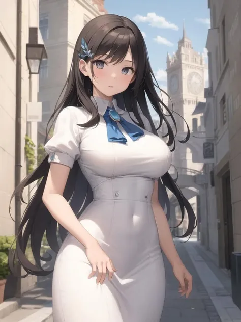 big breasts:1.2、、white dress、highest quality、very detailed、A very realistic eye masterpiece、highest quality、very detailed、NSFW、nipple、city、crowd、black hair、No panties、from below、pussy、love juice、big breasts、white dress、片方でskirtを持ち上げる、masturbation、Pee、crowd、Pussy、perfect face、long hair、、sit、bench、skirt