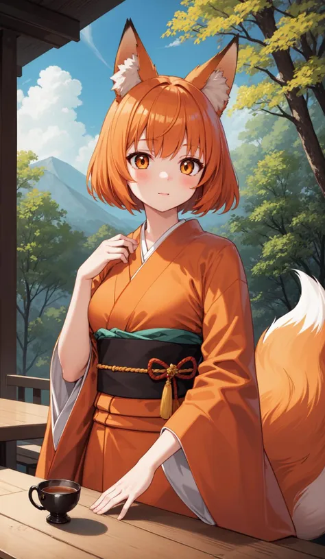 masterpiece, best quality, 1girl, short orange hair, bangs, fox ears, orange kimono, table, tea, majestic forest, lush clouds, hand under clothes,