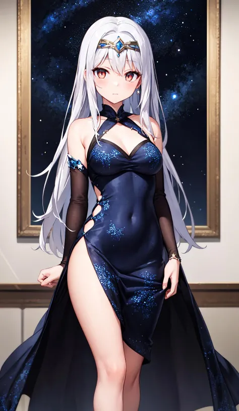 masterpiece, best quality, detailed, 1girl, circlet, starry night, star print dress, very long silver hair, closed mouth, silver eyes