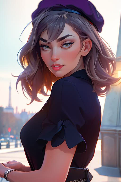 DEN_chloe_lamour,
(in Paris wearing a (shirt:1.3) and (beret:1.2), france, (French:1.2), Paris, Eifel tower, scenic:1.1),
bokeh, f1.4, 40mm, photorealistic, raw, 8k, textured skin, skin pores, intricate details  <lora:epi_noiseoffset2:1>, epiCRealism <lora:ClothingAdjuster3:-1.3>