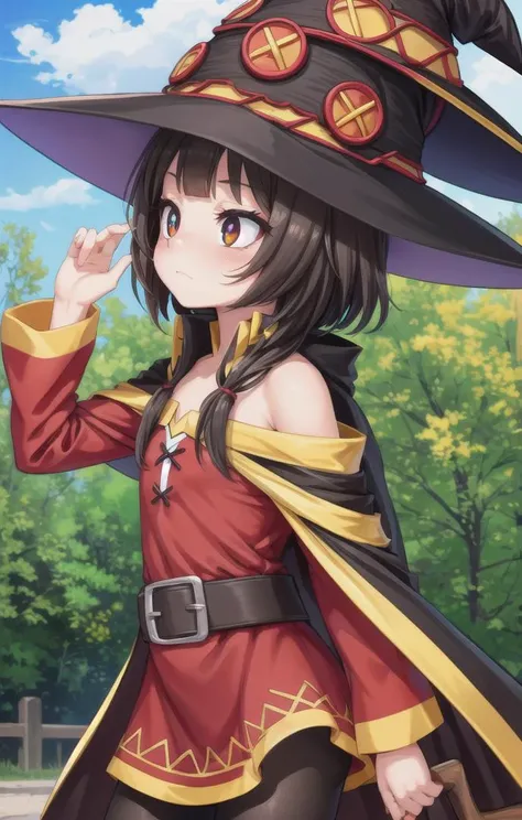 1 girl,cute,looking away, adorabel girl,cute face,details sky,handsome,young,juvenile,((masterpiece:1.4,best quality)),multiple details,eyeshadow,sfw, (medium shot:1.5),
crimson eyes, (black lycra pantyhose:0.8),
<lora:Megumin_2:1>,
RED DRESS,BARE SHOULDERS,WITCH HAT,CAPE,ASYMMETRICAL LEGWEAR,BELT