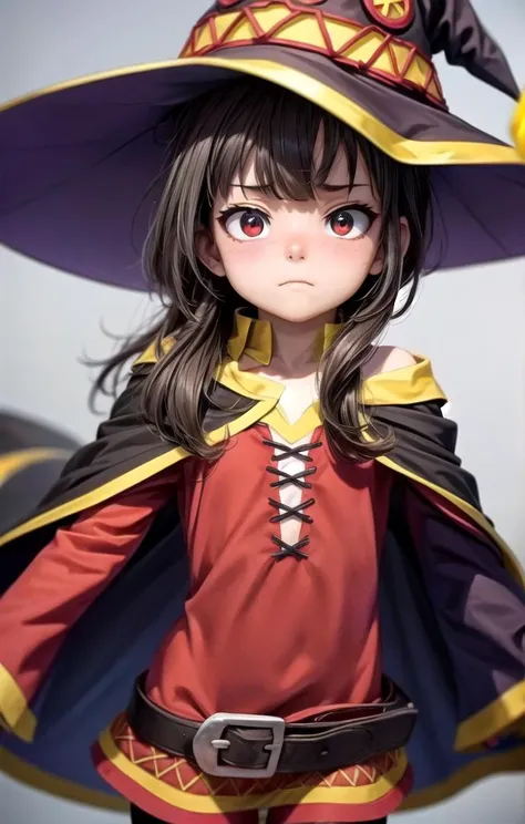 1 girl,cute,looking away, adorabel girl,cute face,details sky,handsome,young,juvenile,((masterpiece:1.4,best quality)),multiple details,eyeshadow,sfw, (upper-body shot:1.5),
crimson eyes, (black lycra pantyhose:0.8), flustered,
<lora:Megumin_2:1>,
RED DRESS,BARE SHOULDERS,WITCH HAT,CAPE,ASYMMETRICAL LEGWEAR,BELT,
<lora:more_details:0.5>, <lora:ç¼çå:0.6>