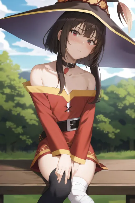 <lora:meguminRegular:1>, anime screencap, forest,nature,dirt path,blue sky, 1girl, solo, red eyes, bandaged leg, single thighhigh, black thighhigh, red dress, belt, bare shoulders, brown hair, short hair, short hair with long locks,collar, closed mouth, collarbone, choker, sitting, asymmetrical legwear, cowboy shot, long sleeves, mismatched legwear,looking at viewer, witch hat, expressionless, thighhighs,