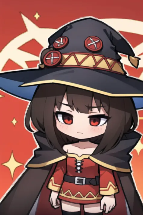 best quality, intricate details,
1girl, <lora:konosubaMegumin_v10:0.8> red dress, bare shoulders, witch hat, cape, asymmetrical legwear, belt, red eyes,dark brown hair,
<lora:BlueArchiveEmoji_v10:0.8> Chibi ,