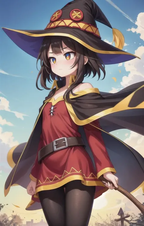 1 girl,cute,looking away, adorabel girl,cute face,details sky,handsome,young,juvenile,((masterpiece:1.4,best quality)),multiple details,eyeshadow,sfw, (medium shot:1.5),
crimson eyes, (black lycra pantyhose:0.8),
<lora:Megumin_2:1>,
RED DRESS,BARE SHOULDERS,WITCH HAT,CAPE,ASYMMETRICAL LEGWEAR,BELT