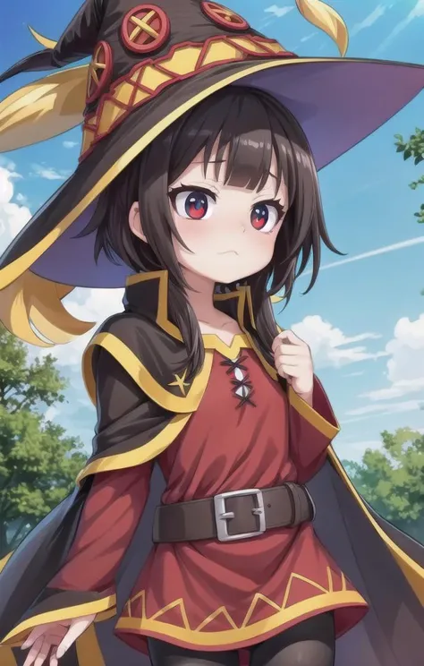 1 girl,cute,looking away, adorabel girl,cute face,details sky,handsome,young,juvenile,((masterpiece:1.4,best quality)),multiple details,eyeshadow,sfw, (medium  shot:1.5),
crimson  eyes, (black lycra pantyhose:0.8),
 <lora:Megumin_2:1>,
RED DRESS,BARE SHOULDERS,WITCH HAT,CAPE,ASYMMETRICAL LEGWEAR,BELT