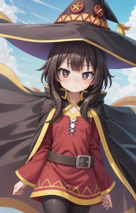 1 girl,cute,looking away, adorabel girl,cute face,details sky,handsome,young,juvenile,((masterpiece:1.4,best quality)),multiple details,eyeshadow,sfw, (medium shot:1.5),
crimson eyes, (black lycra pantyhose:0.8),
<lora:Megumin_2:1>,
RED DRESS,BARE SHOULDERS,WITCH HAT,CAPE,ASYMMETRICAL LEGWEAR,BELT