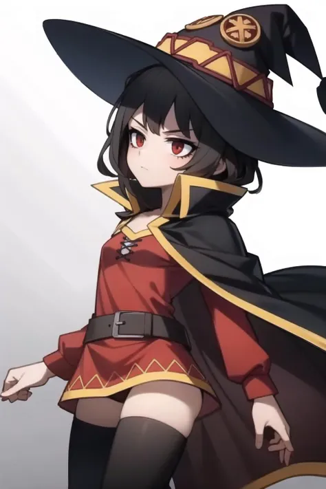 best quality, intricate details,
1girl, <lora:konosubaMegumin_v10:0.8> red dress, bare shoulders, witch hat, cape, asymmetrical legwear, belt, red eyes,