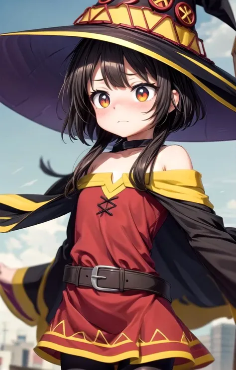 1 girl,cute,looking away, adorabel girl,cute face,details sky,handsome,young,juvenile,((masterpiece:1.4,best quality)),multiple details,eyeshadow,sfw, (upper-body shot:1.5),
crimson eyes, (black lycra pantyhose:0.8), flustered,
<lora:Megumin_2:1>,
RED DRESS,BARE SHOULDERS,WITCH HAT,CAPE,ASYMMETRICAL LEGWEAR,BELT,
<lora:more_details:0.5>, <lora:眼睛双_2:0.6>