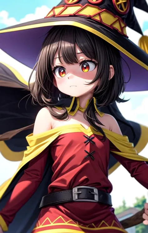 1 girl,cute,looking away, adorabel girl,cute face,details sky,handsome,young,juvenile,((masterpiece:1.4,best quality)),multiple details,eyeshadow,sfw, (upper-body shot:1.5),
crimson eyes, (black lycra pantyhose:0.8), flustered,
<lora:Megumin_2:1>,
RED DRESS,BARE SHOULDERS,WITCH HAT,CAPE,ASYMMETRICAL LEGWEAR,BELT,
<lora:more_details:0.5>, <lora:眼睛双_2:0.6>