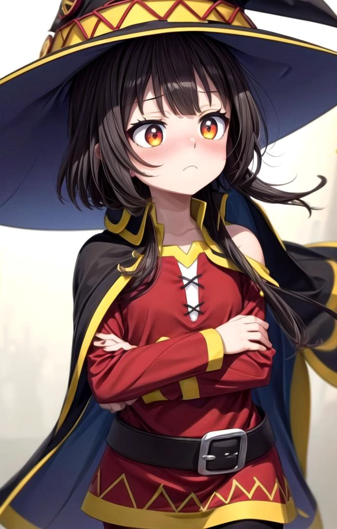 1 girl,cute,looking away, adorabel girl,cute face,details sky,handsome,young,juvenile,((masterpiece:1.4,best quality)),multiple details,eyeshadow,sfw, (upper-body shot:1.5),
crimson eyes, (black lycra pantyhose:0.8), flustered,
<lora:Megumin_2:1>,
RED DRESS,BARE SHOULDERS,WITCH HAT,CAPE,ASYMMETRICAL LEGWEAR,BELT,
<lora:more_details:0.5>, <lora:眼睛双_2:0.6>