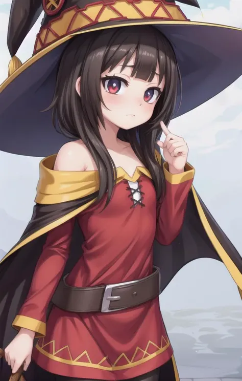 1 girl,cute,looking away, adorabel girl,cute face,details sky,handsome,young,juvenile,((masterpiece:1.4,best quality)),multiple details,eyeshadow,sfw, (upper-body shot:1.5),
crimson eyes, (black lycra pantyhose:0.8), flustered,
<lora:Megumin_2:1>,
RED DRESS,BARE SHOULDERS,WITCH HAT,CAPE,ASYMMETRICAL LEGWEAR,BELT,
<lora:more_details:0.5>, <lora:眼睛双_2:0.6>